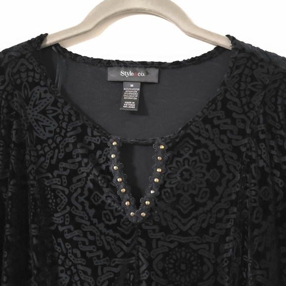 STYLE & CO Black Velvet Burnout Long Sleeve, Bell Sleeves, Witchy Whimsigoth, M - Picture 4 of 16